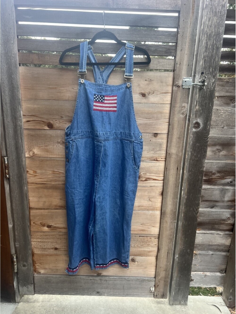 Donna Ricco Overalls XL Denim Embroidered American Flag